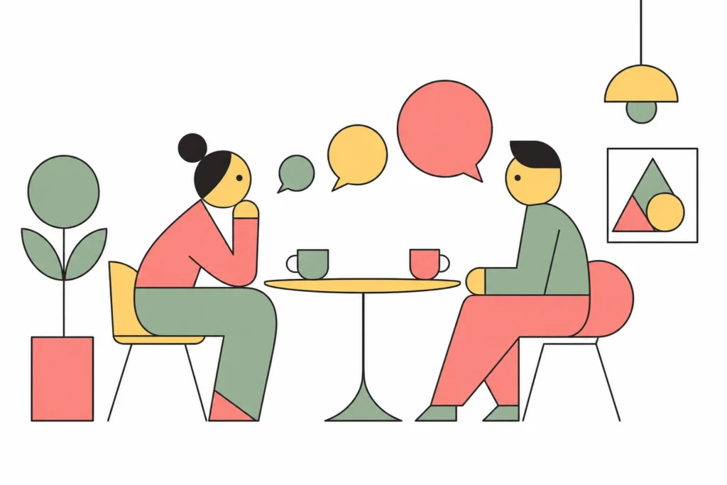 Two people talking at a cafe table with speech bubbles growing between them