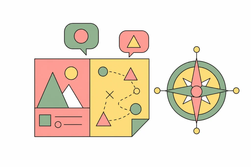 An open guidebook with a compass rose and speech bubbles rising from the pages