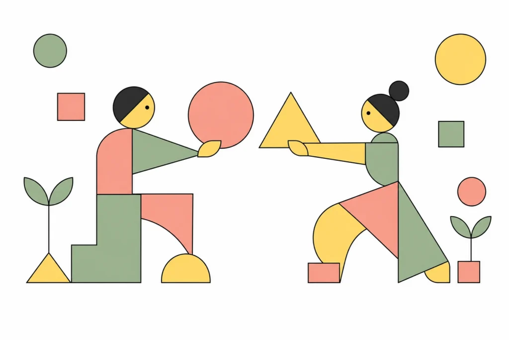 Two figures connecting, illustrating how to find a language partner