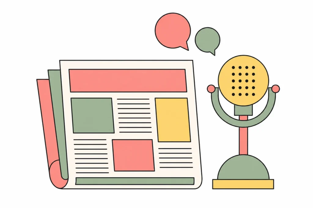A folded newspaper and a radio microphone with speech bubbles above them