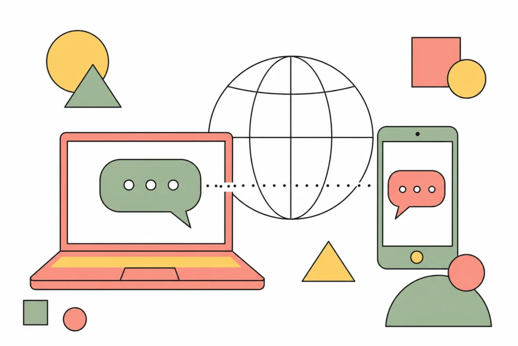 A laptop and phone showing speech bubbles for online language exchange