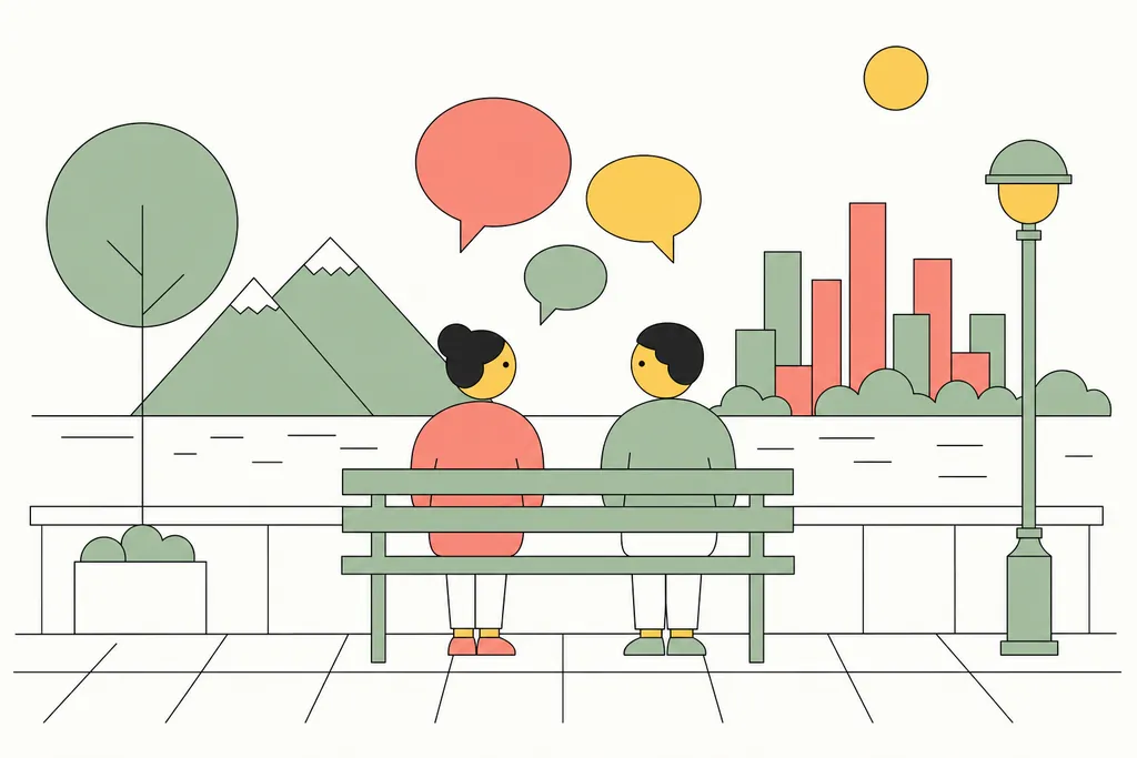 Two people on a seawall bench with speech bubbles, mountains and city towers behind them